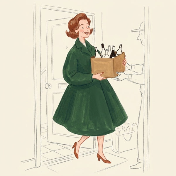 Ilustração: mulher recebe a caixa de sidra na porta de casa