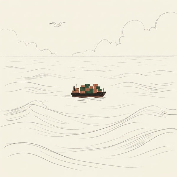 Ilustração: pequeno navio cargueiro sozinho no meio do oceano