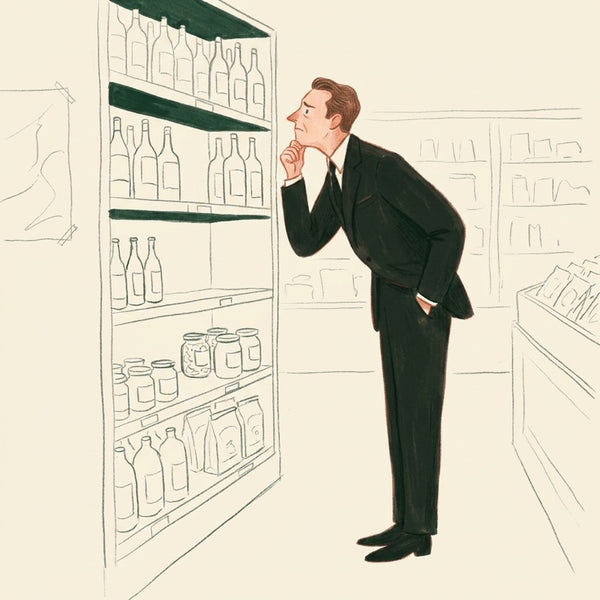 Ilustração: homem examina a falha na prateleira do mercado